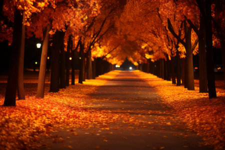 a pathway lined with trees at night with leaves on the groundの素材