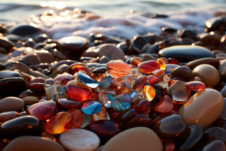 a pile of rocks and glass beads on a beachの素材