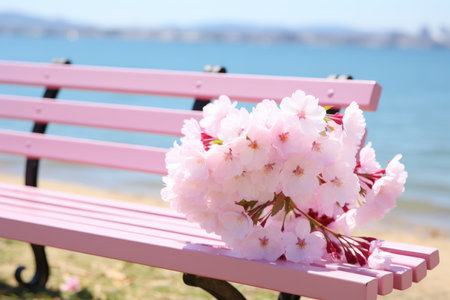 a pink bench with a bouquet of flowers on itの素材