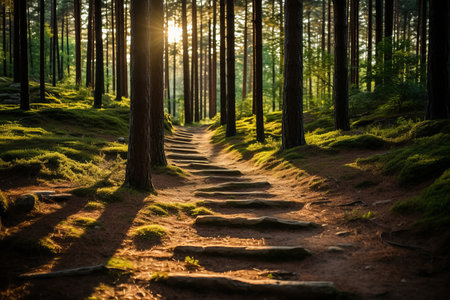 a path through a forest with steps leading up to the sunの素材