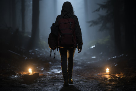 a person with a backpack walking through a dark forest at nightの素材