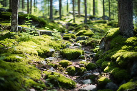 a path through a forest with green moss on the groundの素材