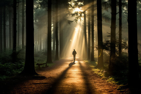 a person walking through a forest with sunbeams coming through the treesの素材