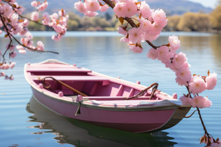 a pink boat floating on the water with pink blossomsの素材