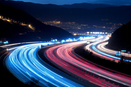a long exposure photo of traffic on a highway at nightの素材