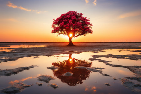a red tree is reflected in the water at sunsetの素材