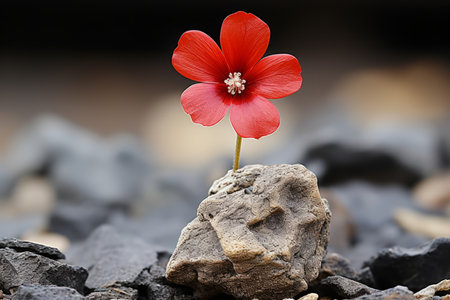 a red flower growing out of a rockの素材