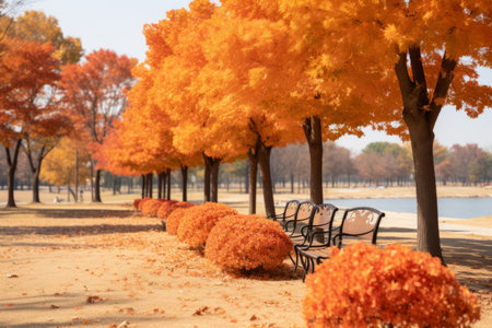 a row of benches lined up next to a lakeの素材