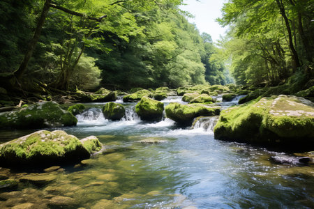 a river flowing through a lush green forestの素材