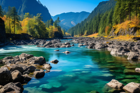 a river in the mountains surrounded by trees and rocksの素材