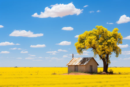 a small house and tree in the middle of a yellow fieldの素材