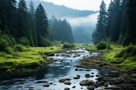 a river running through a forest with rocks and grassの素材