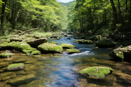 a river flowing through a wooded areaの素材