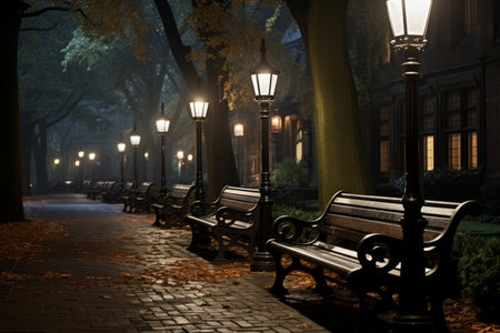 a row of benches on a sidewalk at nightの素材