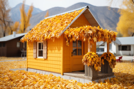 a small yellow house with leaves on itの素材