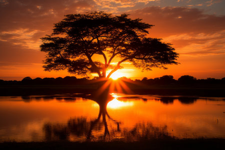a tree is silhouetted against the sunset in front of a body of waterの素材