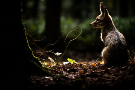 a small animal sitting in the dark in the woodsの素材