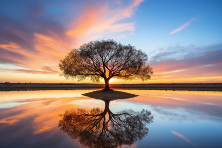 a tree is reflected in the water at sunsetの素材