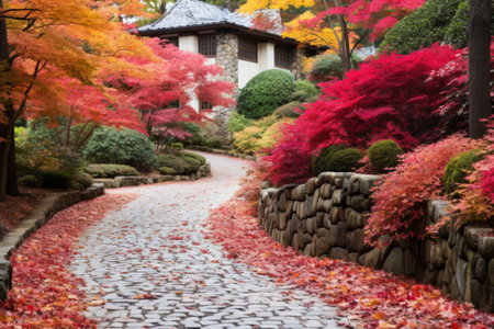 a stone path surrounded by colorful autumn leaves in a japanese gardenの素材