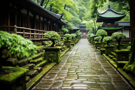 a stone walkway lined with mossy trees in a japanese gardenの素材