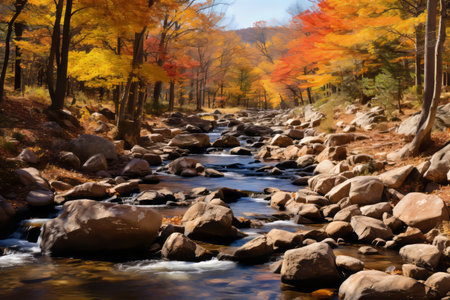 a stream running through a forest with rocks and treesの素材