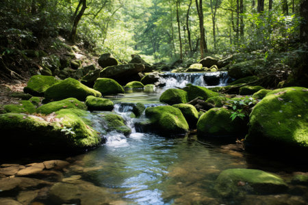 a stream running through a forest with green mossy rocksの素材