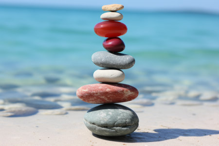 a stack of pebbles on the beach with water in the backgroundの素材