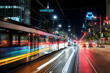 a train traveling down a city street at nightの素材