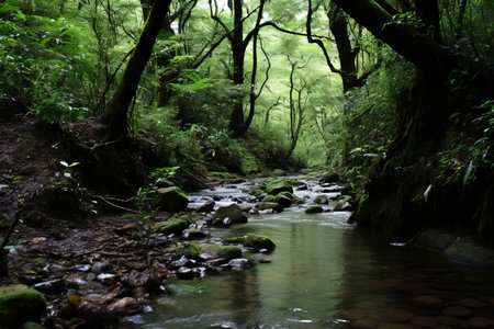 a stream running through a lush green forestの素材