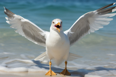 a seagull standing on the beach with its wings outstretchedの素材