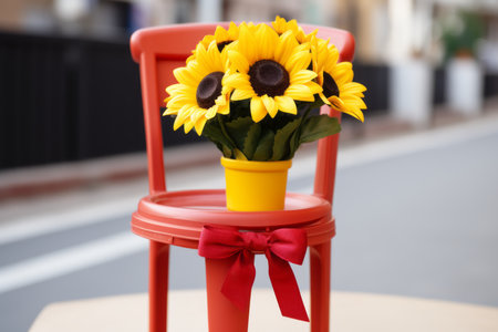 a red chair with flowers in a vase on itの素材