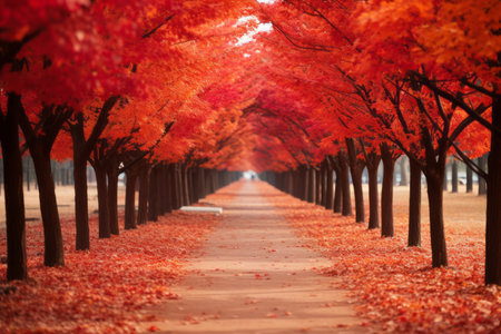 a walkway lined with red trees in an autumn parkの素材