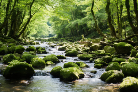 a stream running through a lush green forestの素材
