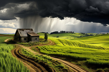 a stormy sky over a green field with a house on itの素材
