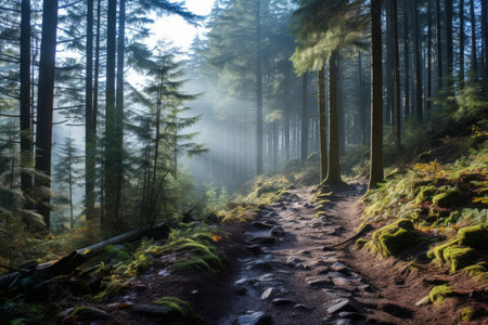 a trail in the woods with sunbeams shining through the treesの素材
