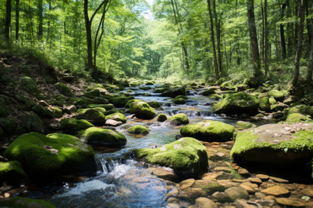 a stream runs through a forest filled with green mossy rocksの素材