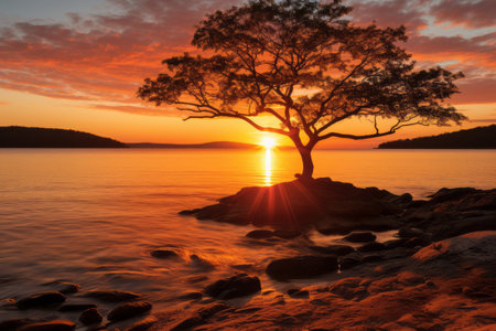 a tree on the shore of a body of water at sunsetの素材