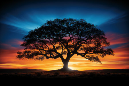 a tree is silhouetted against a colorful sunsetの素材