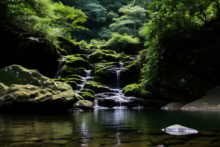 a waterfall in a lush green forestの素材