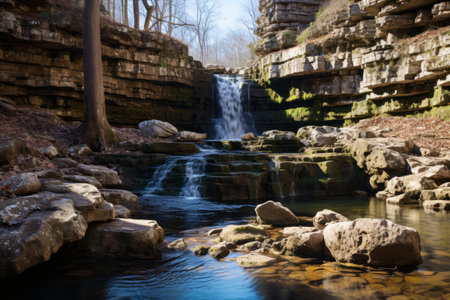 a waterfall is surrounded by rocks in a wooded areaの素材