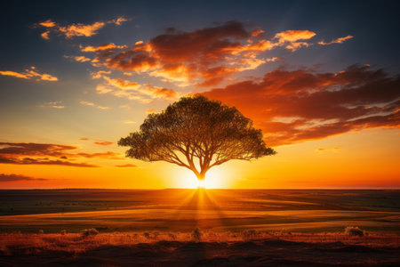 a tree in the middle of a field at sunsetの素材