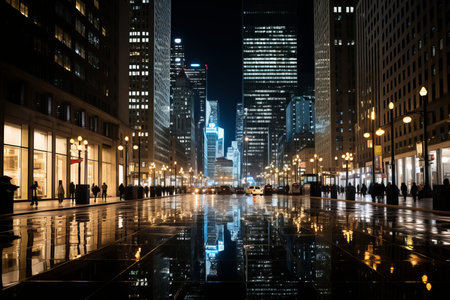 a wet city street at night with tall buildings in the backgroundの素材