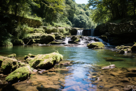 a waterfall in the middle of a lush green forestの素材