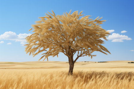 a tree in a field with a blue sky behind itの素材