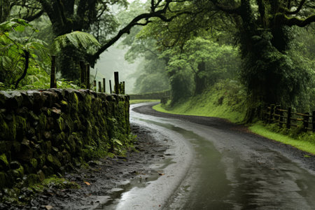 a wet road surrounded by lush green trees and a stone wallの素材