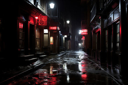 a wet street at night with red lights on the buildingsの素材