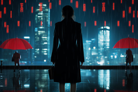 a woman standing in the rain with red umbrellasの素材