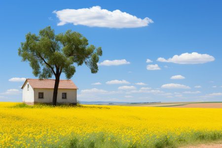 a white house in the middle of a field of yellow flowersの素材