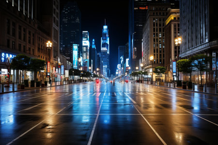 an empty city street at night with buildings in the backgroundの素材