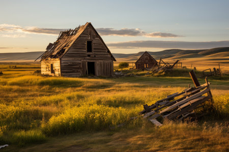 an old abandoned house in the middle of a fieldの素材